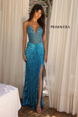 4304 – Primavera - Strapless Beaded Gown with Slit & Lace-Up Back