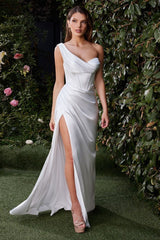 Audra Gown - Off White - ONE SHOULDER LUXE SATIN CORSET GOWN