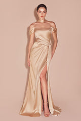 Emerson Gown - Champagne - OFF THE SHOULDER LACE UP CORSET LUXE SATIN GOWN