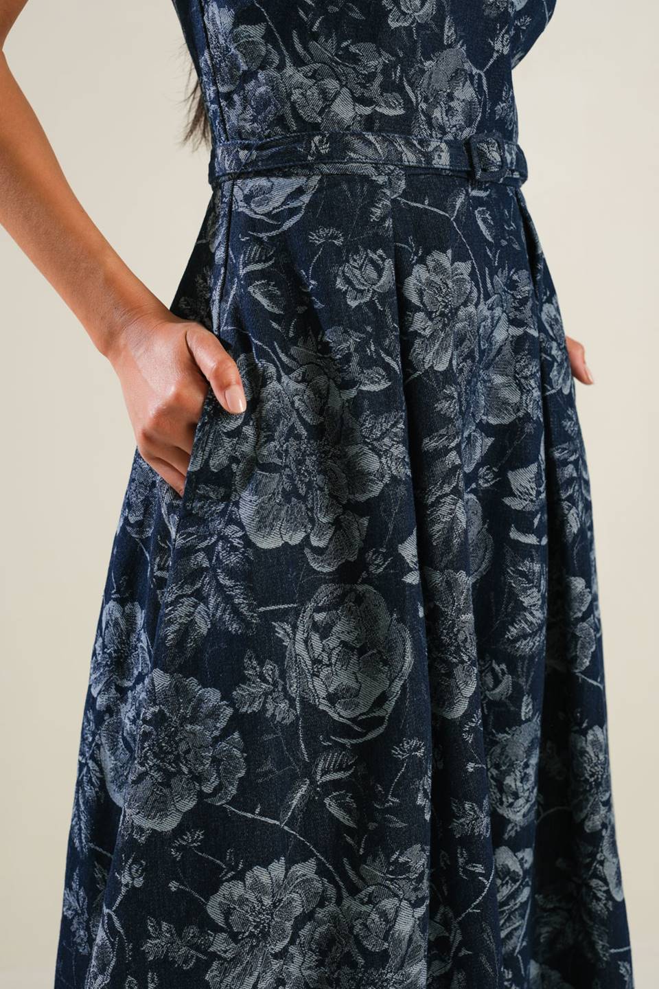 EVOLVING REFLECTIONS - JACQUARD DENIM MIDI DRESS