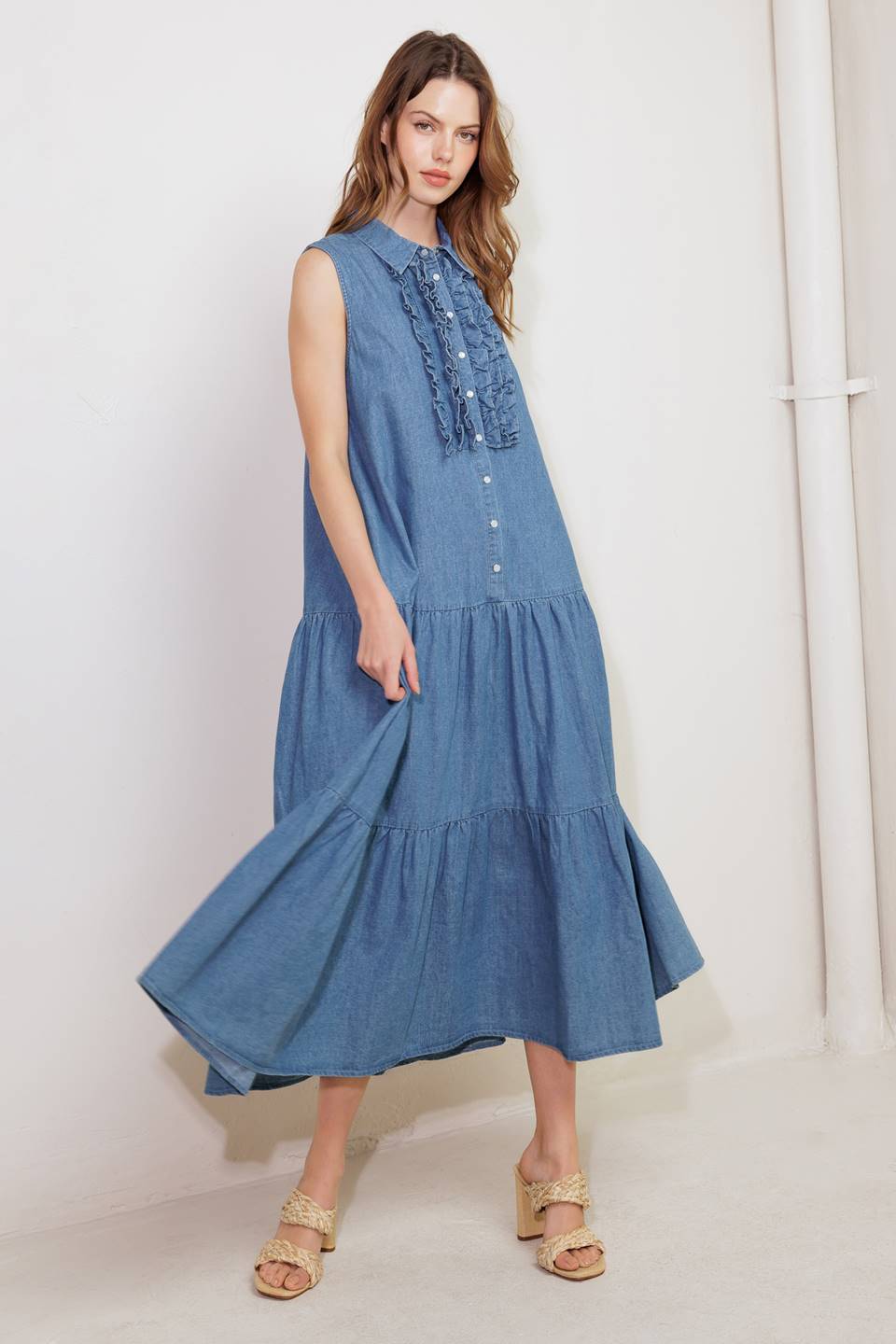SUNDRENCHED RUFFLE DENIM MIDI DRESS