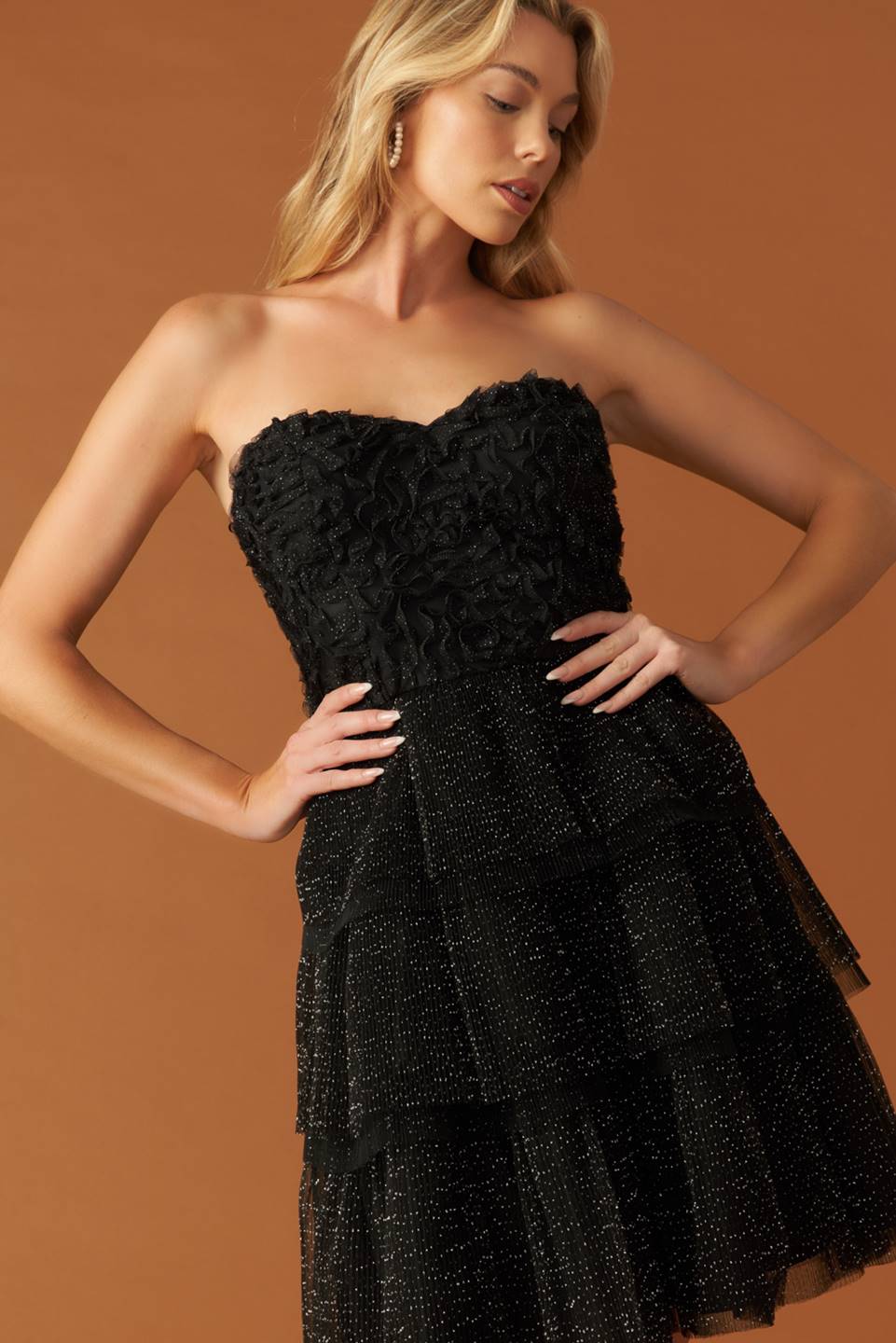 TRINA SHIMMERY STRAPLESS MINI DRESS