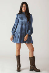 Size Medium, SERENITY CALLING WOVEN BABYDOLL MINI DRESS - BLUE - FINAL SALE
