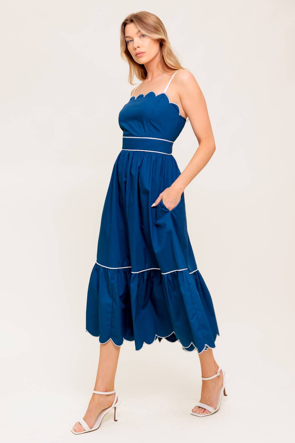 SWEET DREAMS SCALLOPED EDGE MIDI DRESS - NAVY