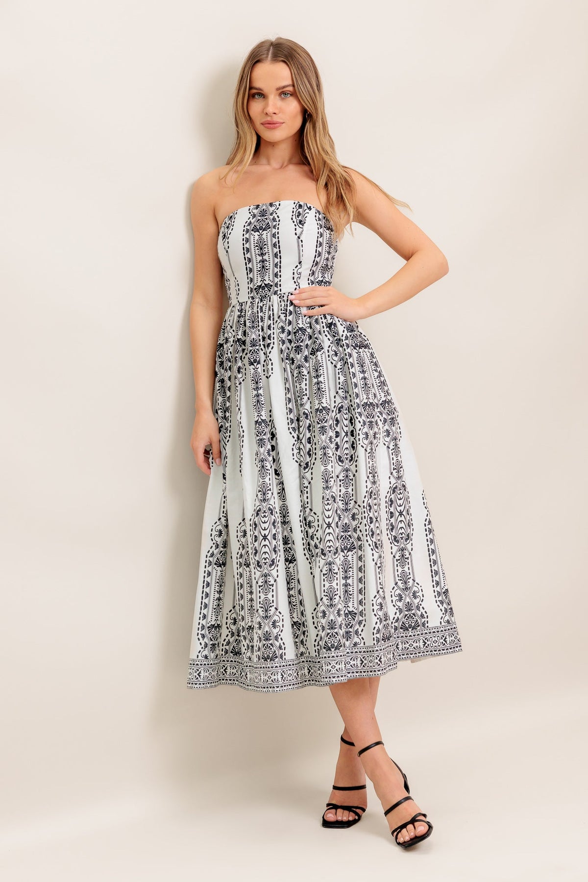 SUMMER SILHOUETTE STRAPLESS BLACK & WHITE MIDI DRESS