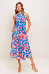 SOLANA MIDI DRESS - BLUE & PINK FLORAL HALTER DRESS
