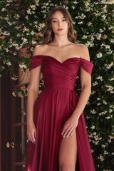 JILLIAN GOWN - BURGUNDY - A-LINE SOFT SATIN OFF THE SHOULDER DRESS