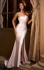 DEANNA GOWN - OFF WHITE - ASYMMETRICAL STRAPLESS SATIN GOWN