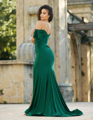 Amber Gown - Dark Sage - Off Shoulder Stretch Spandex Satin Dress With Ties