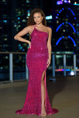 Stardust One Shoulder Sequin Gown - Fuchsia - FINAL SALE