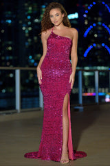 Stardust One Shoulder Sequin Gown - Fuchsia - FINAL SALE