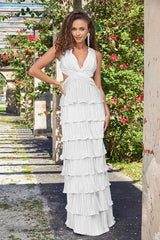 Saylor Pleated Satin Ruffle Maxi Dress - White