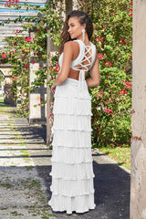 Saylor Pleated Satin Ruffle Maxi Dress - White